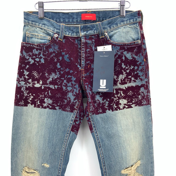 NWT Jun Takahaski Undercover Womens 2‎ Jeans Tapered Leg Blue Flocked 2YK 90s - Picture 8 of 12